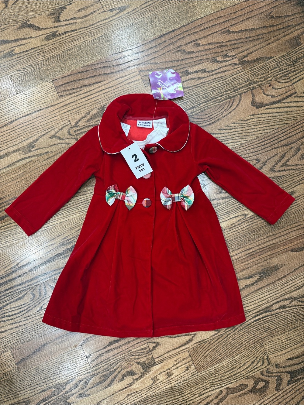 Blueberi Boulevard Red Girls Pea Coat with Decorative Bows and Dress Size 2T NWT